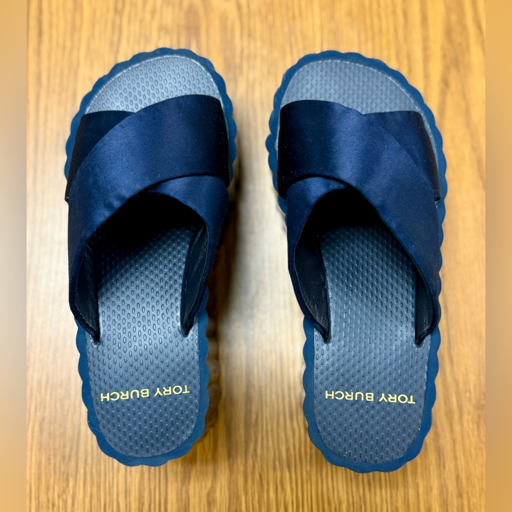 Tory Burch 5M Eva Sole Scallop Platform Sandals Wedge Slides Blue Satin Vacation